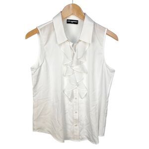 Karl Lagerfeld Top Blouse Shirt Paris Ruffle White Button Up Collared size M